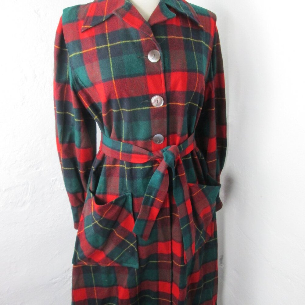 Housecoat Robe Vintage MCM 50s PENDLETON Red Tartan Plaid Belted Women's Size L